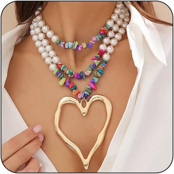 Y2K Pearls & Turquoise Necklace |Chunky Gold Heart Pendant, Long Beaded Layered - Picture 1 of 6